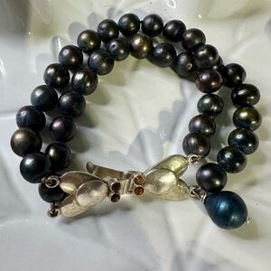 Vintage Venetian Peacock Pearls Bracelet VTG 925 Silver Clasp w/ 4 Genuine Topaz